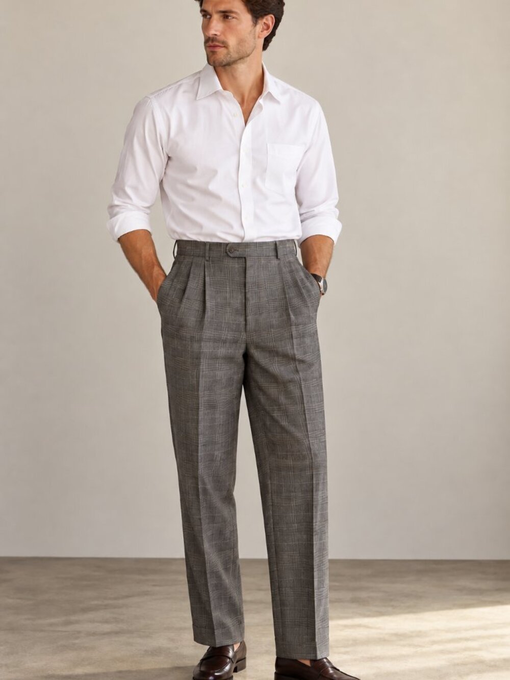 Versini Gray Glen Plaid 100% Virgin Wool Pleated Dress Pants 34